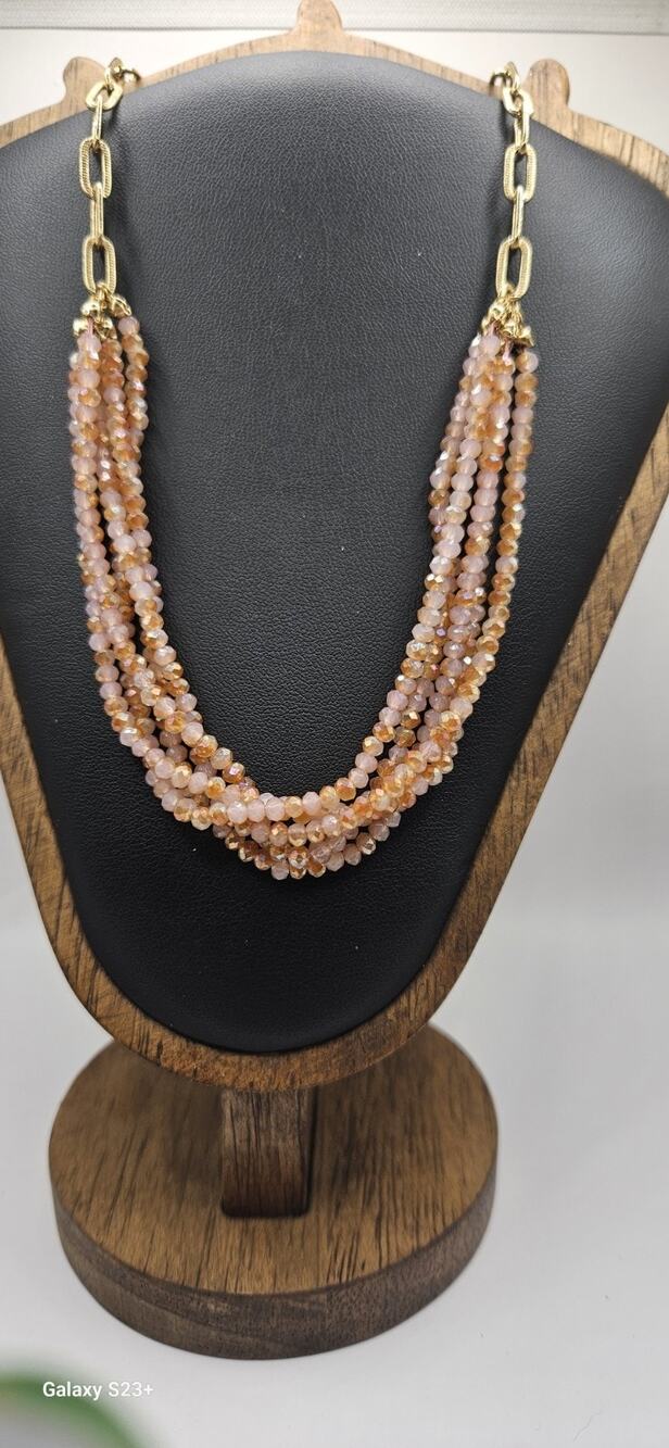 Paperclip Chain Gold Tone Layered Pink Seed Bead Necklace